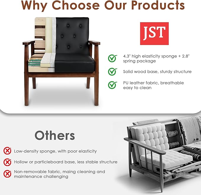 JIASTING Mid-Century Retro Modern Solid Wood Armrest Black Accent Chairs Set of 2, Faux Leather Arm Chairs for Living Room, Waiting Room Chairs (2, Black)