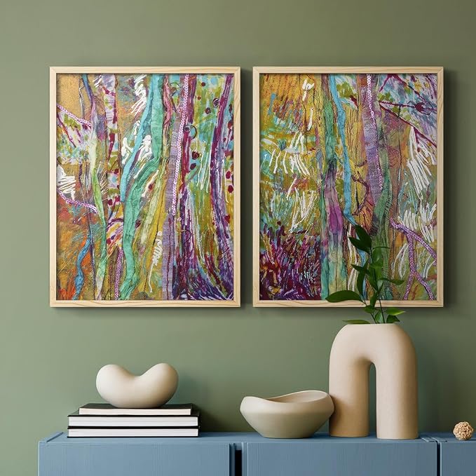 Renditions Gallery Set of 2 Peel & Stick Framed Prints, Modern Abstract Wall Art, Colorful Artistic Painting Wall Decor, Re-Stickable - Ready to Hang - 22"x28" - NATURAL WOOD Frame LT588