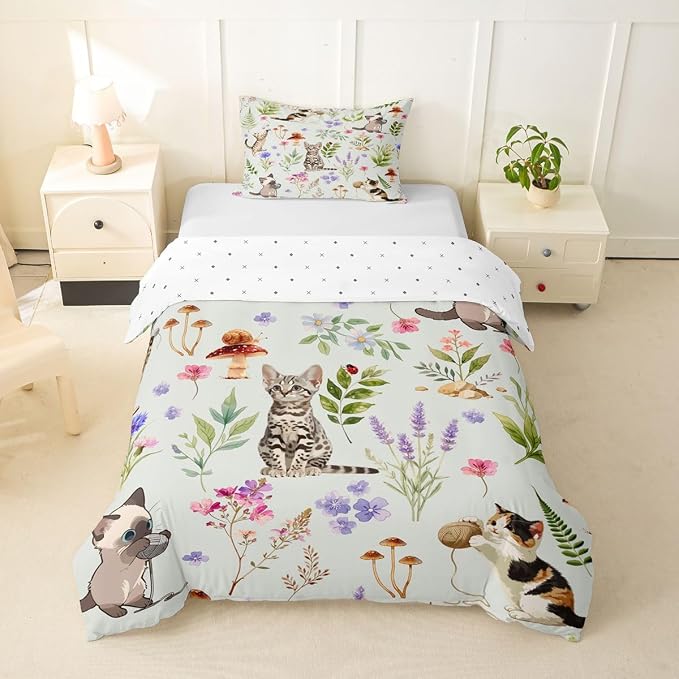 Erosebridal Cute Cat Toddler Duvet Cover Kitten Cat Lovers Bedding Set Pale Green Boho Watercolor Floral Comforter Cover for Kids Girls Boys Adults Funny Pet Animal Bed Set