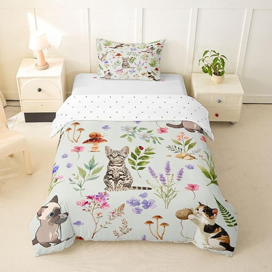 Erosebridal Cute Cat Duvet Cover Twin Kitten Cat Lovers Bedding Set Pale Green Boho Watercolor Floral Comforter Cover for Kids Girls Boys Adults Funny Pet Animal Bed Set