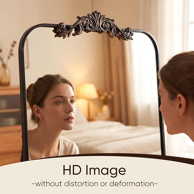 Antok Arched Full Length Mirror, 32"x71" Floor Mirror with Carved, Full Body Mirrors for HomeDecor, Large Wall Mirror with Corner Flower for Bedroom, Living Room, Bronze, Luxury Style