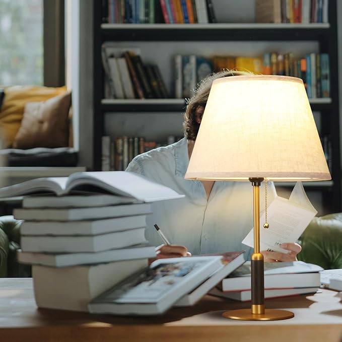 21" Modern Bedside Lamp Mid Century Table Lamp, Pull Chain Nightstand Lamp for Bedroom Living Room 3-Color Light, Solid Wood/Metal/Fabric for Home/Office/Desk Decor (Light Brown+Brass)