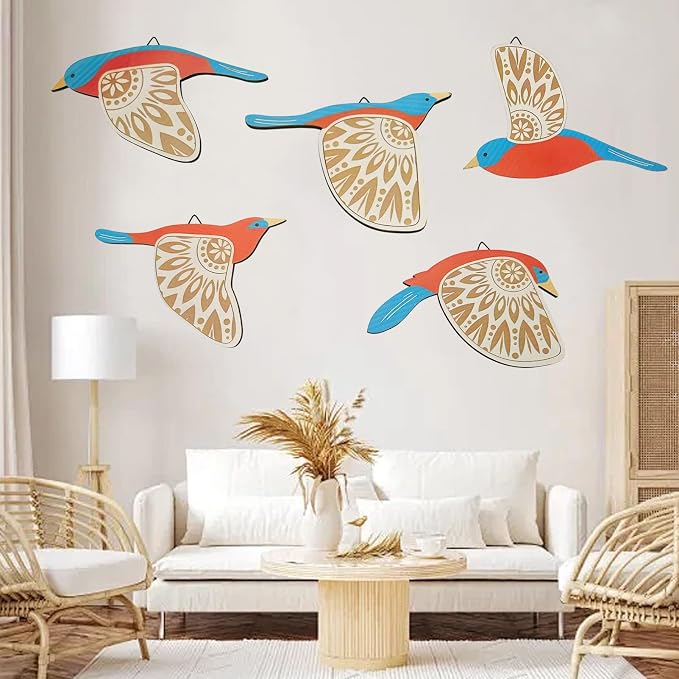 EMINGSKY 5 Pcs Wooden Bird Wall Art Wood Flying Birds Wall Decor Boho Rustic Folk Art Home Decor for Gift Living Room Bedroom Kitchen Office (Teal)