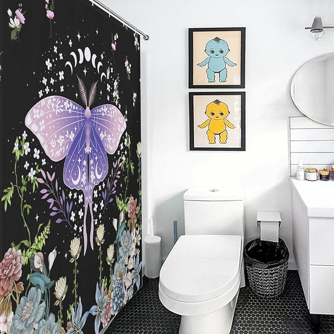 Floral Moth Moon Shower Curtain, Nature Aesthetic Flower Phase of The Moon Artistic Design Waterproof Shower Curtains for Bathroom Decor 12 Pack Hooks 66x72in（168x183cm）