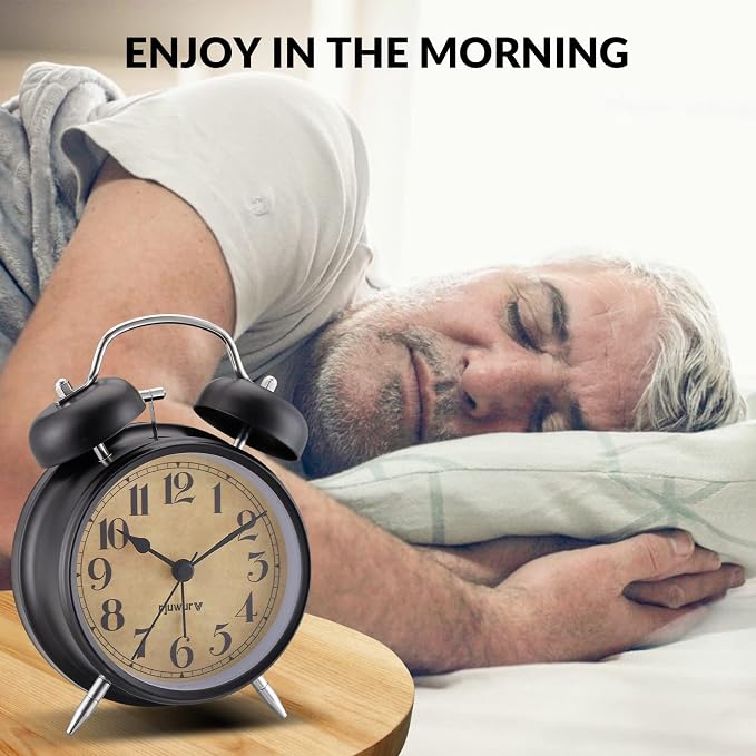 Rjuwurv 4" Twin Bell Alarm Clock with Night Light - Desk & Bedroom Alarm Clock (Black)