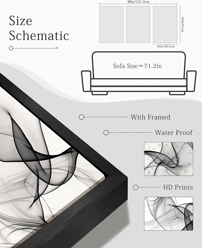 KUVIOKE Black White Abstract Framed Canvas Wall Art Ink Wash Pastel Wall Decor Modern Transparent Fog Illustration Art Painting for Bedroom Dining Room 16x24in (Black Framed)