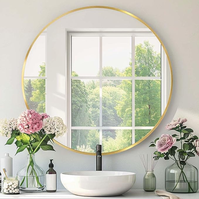 Gold Round Mirror, 28 Inch Gold Circle Mirror, Metal Frame Round Wall Mounted Mirrors for Bathroom, Living Room, Bedroom, Entryway, Vanity, Golden, Brass