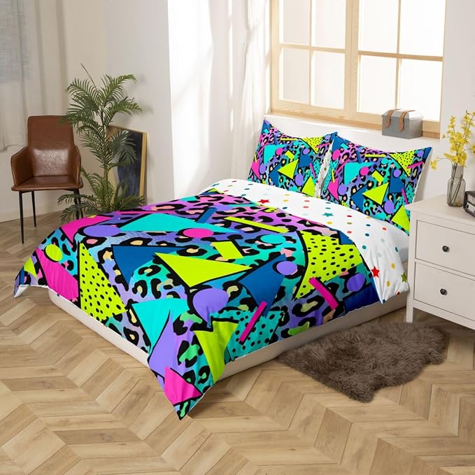 Leopard Print Bedding Set Queen Size Colorful Wild Animal Skin Duvet Cover,Vintage 80s 90s Memphis Comforter Cover Mens Hipster Hip-Hop Geometric Quilt Cover Wildlife Fur Spot Room Decor