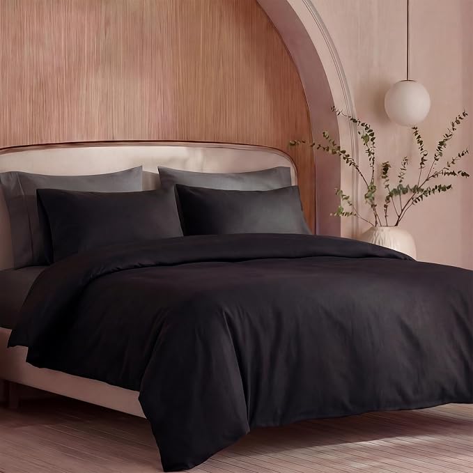 100% Washed Cotton Duvet Cover Queen Size – Solid Black, Linen-Like Texture, Super Soft & Breathable Bedding Set, 3-Piece Durable Percale Comforter Cover