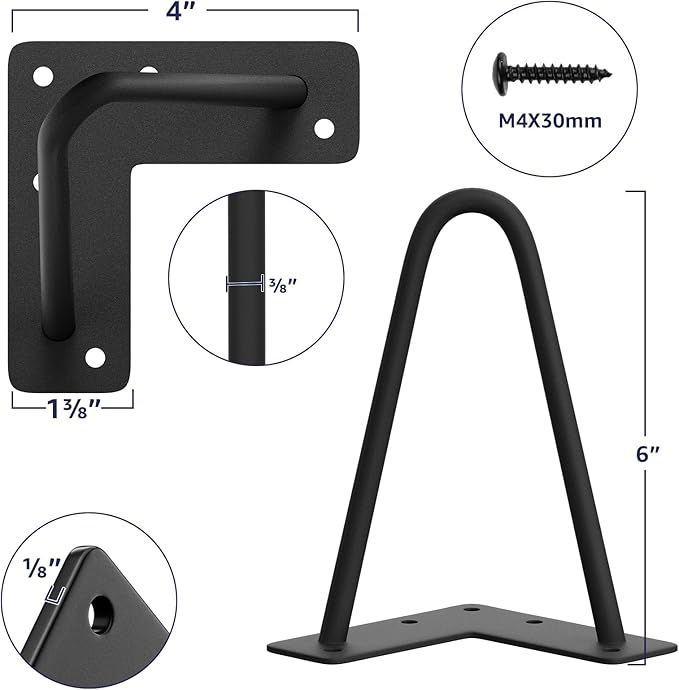 SMARTSTANDARD 6 Inch Heavy Duty Hairpin Furniture Legs, Metal Home DIY Projects for TV Stand, Sofa, Cabinet, etc with Rubber Floor Protectors Black 4PCS