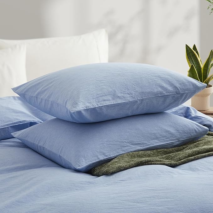 LOVQUE Light Blue Duvet Cover Full Size, 100% Washed Cotton Linen Like Bedding Set with Zipper Closure (No Comforter), 80x90 Inches
