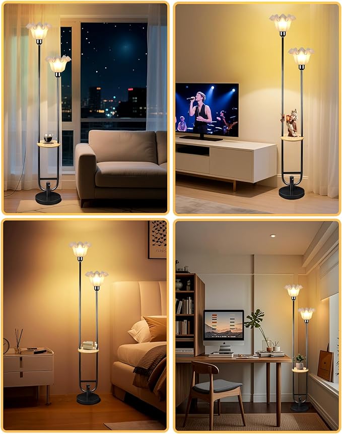 Dimmable Flower Floor Lamps with Table, 2-Lights Floral Floor Lamp, 3000K Warmwhite Candle Holder Style Modern Floor Lamp, Rustic Black Standing Lamp for Living Room Bedroom