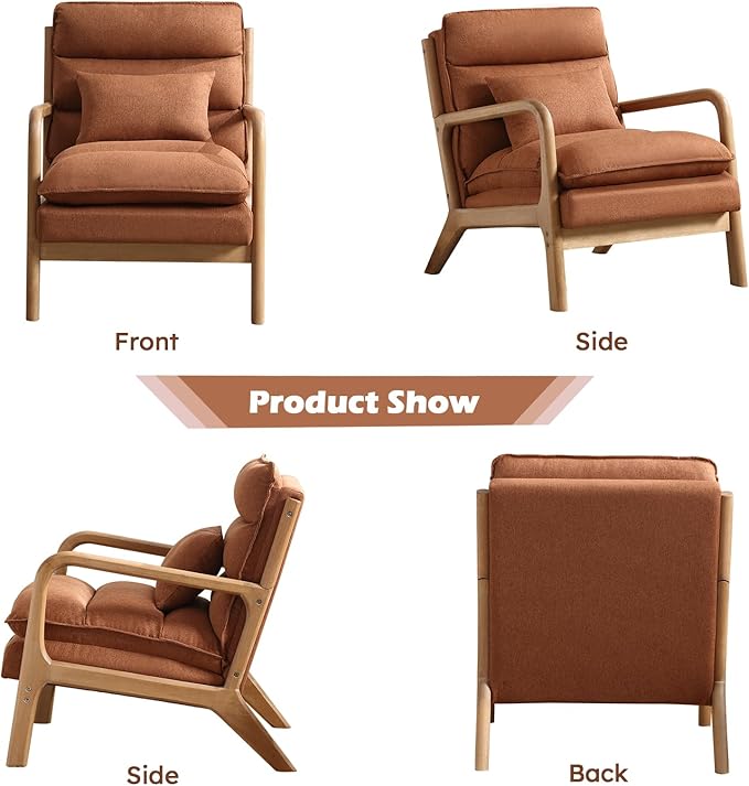 Mid Century Modern Accent Chair Set of 2, Upholstered Lounge Armchair with Plump Back Pillow, Comfy Reading Chair with Solid Wood Frame for Bedroom Living Room, Brown