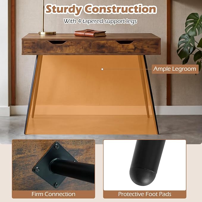Tangkula Mid Century Desk with 2 Storage Drawers, Modern Writing Study Desk with Rubber Wood Legs, Versatile Home Office Study Desk for Small Space, Vanity Table for Bedroom (Rustic Brown)
