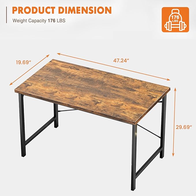 Sweetcrispy Computer Small Office Desk 47 Inch Student Study Writing Work with Metal Frame Wood Tabletop Modern Simple PC Home Bedroom Table, Rustic Brown