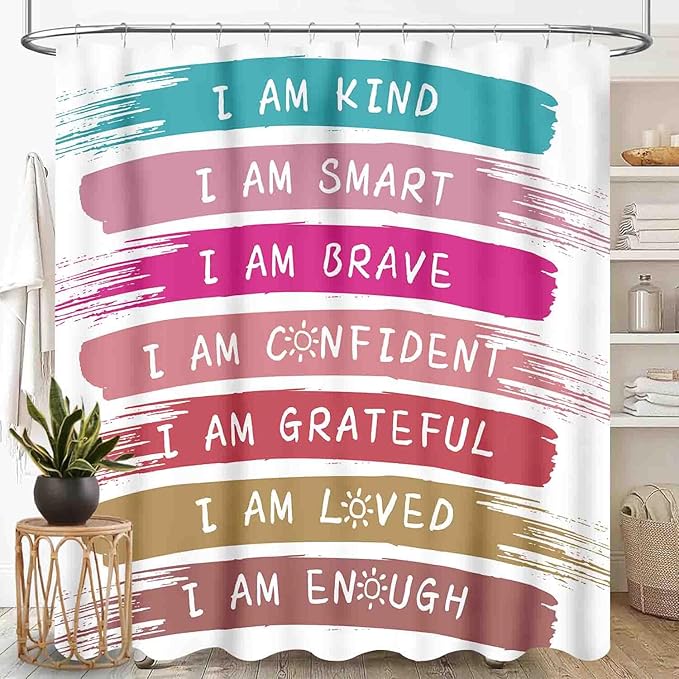 Rainbow Shower Curtain, Kids Girls Baby Boho Cute Inspirational Motivational Quotes Bohemian Cartoon Colorful Pastel Waterproof Fabric Bathroom Shower Curtain Set with Hooks, 72"x78" Inch
