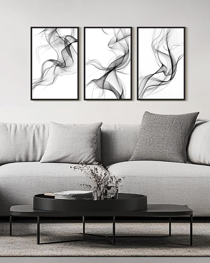 KUVIOKE Black White Abstract Framed Canvas Wall Art Ink Wash Pastel Wall Decor Modern Transparent Fog Illustration Art Painting for Bedroom Dining Room 16x24in (Black Framed)