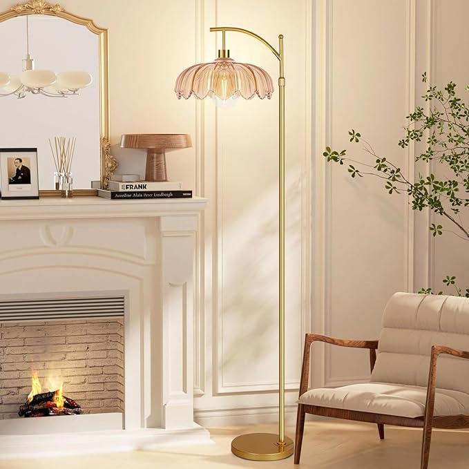 Gold Floor Lamp for Living Room,Bedroom,Mid Century Modern Standing Lamp with Remote,Dimmable Brass Tall Lamp Amber Glass Vintage Retro Arc Floor Lamps Flower Floor Light Boho Bohemian