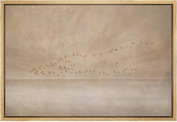 MUDECOR Framed Canvas Print Wall Art Minimalist Flock of Birds Over Neutral Landscape Illustrations Minimalism Decorative Bohemian Zen for Living Room, Bedroom, Office - 24"x36" NATURAL