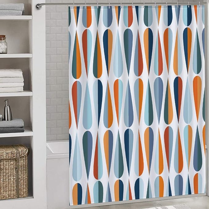 Mid Century Shower Curtain for Bathroom, Retro Modern Drop Shapes in Tones Abstract Geometric Pattern Blue 1950s 1960s Waterproof Fabric Shower Curtain Set with Hooks, 72"x72"
