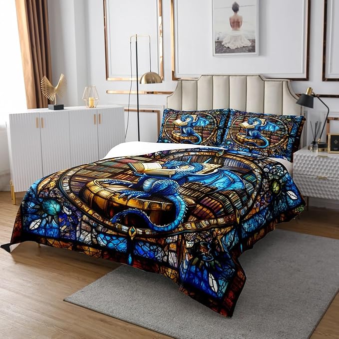 Western Dragon Kids Bedspread Twin Size,Blue Dragon Reading Book Bookshelf Coverlet Set,Boys Girls Room Decor,Geometric Patchwork Abstract Quilted Coverlet,Trippy Chic Bedding Quilt,1 Pillowcase