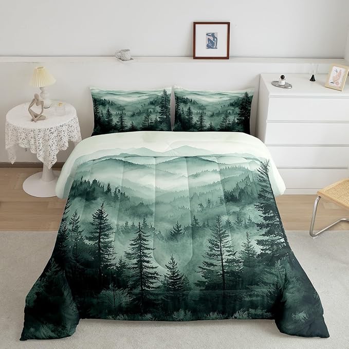 Erosebridal Green Misty Forest Comforter Set King Jungle Smoky Mountain Bedding Set for Kids Boys Girls Pine Tree Fog Magic Comforter Rustic Nature Woodland Quilt Duvet
