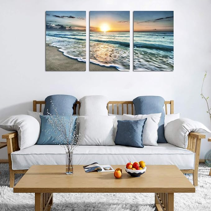Canvas Wall Art Beach Sunset Ocean Waves Wall Decor 3 Pieces x 16" x 24" Modern Seascape Canvas Artwork Contemporary Nature Pictures Painting Giclee Prints Framed Ready to Hang for Home Decoration