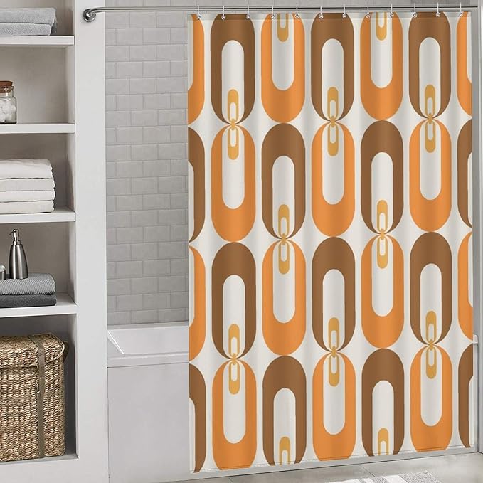 Mid Century 70s Pattern Shower Curtains Vintage Geometric Orange Thermal Insulated Washable Waterproof Fabric for Bathroom Decor Bathtub with 12 Hooks 55x72in（140x183cm）