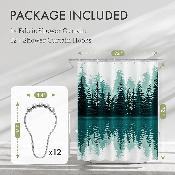 AmazerBath Shower Curtain Green, Washable Cloth Sage Green Shower Curtain Sets with 12 Metal Shower Curtain Hooks, Luxury Waterproof Rustic Fabric Shower Curtains for Bathroom Decor, 72x72 Inches