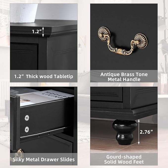 Farmhouse 7 Drawers Dresser Sets of 2 for Bedroom, Black 54 Inch Wide Chest of Drawers w/ 4 Wooden Legs, Large Vintage Rustic Closet Dressers for Living Room, Wood TV Stand
