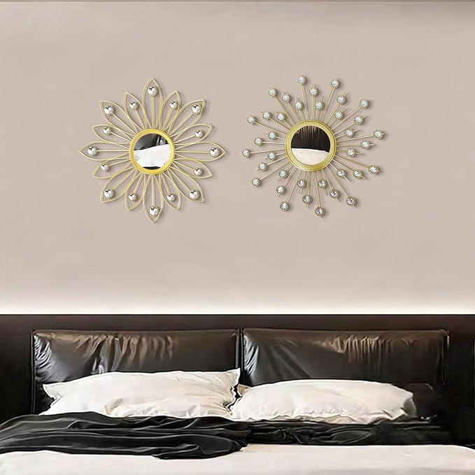 2 Pack Metal Mirrors for Wall Boho Sunburst Wall Mirror Home Decor Modern Decorative Wall Art for Bedroom Living Room Entryway