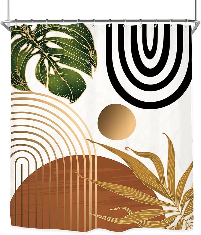 Miyotaa Abstract Mid Century Shower Curtain Set 60Wx71H Inches Minimalist Aesthetic Modern Contemporary Plant Leaves Neutral Rust Vintage Polyester Waterproof Bathroom Curtain with 12 Hooks