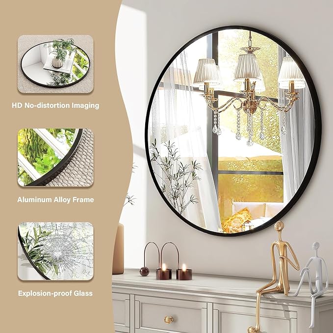 HARRITPURE 28" Round Mirror - Black Bathroom Mirror Circle Wall Mirror with Brushed Aluminum Alloy Frame Modern Decor for Living Room, Vanity, Bedroom, Entryway