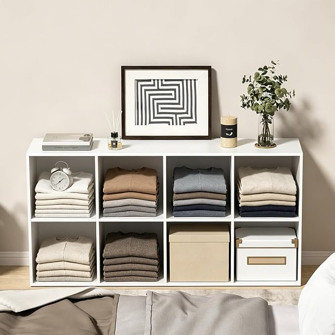 Wooden 8 Cube Storage Organizer with Closed Back Panel,White Cube Shelf Cubby Storage Organizer with Compartments for Living,Bookshelf, Easy to Install (White, 8 Cube-11in)