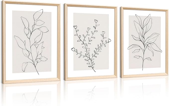 HesenDot 12x16in Botanical High Framed Wall Art Set of 3, Minimalist Line Drawing Plant Canvas Prints, Neutral Modern Nature Wall Decor for Living Room Bedroom Bathroom Office
