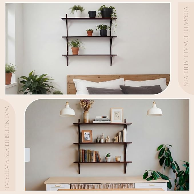 Pinkunn 3 Tier Mid Century Wall Shelves, 24.8 Inch High Walnut Storage Shelf Mid Century Wall Decor Rustic Transitional Mount Shelves for Living Room Bathroom Bedroom Display