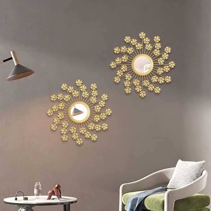 2 Pack Metal Mirrors for Wall Boho Sunburst Wall Mirror Home Decor Modern Decorative Wall Art for Bedroom Living Room Entryway