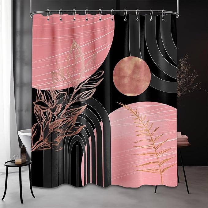 Black and Pink Shower Curtain Boho Mid Century Dark Pink and Gray Shower Curtains for Bathroom Decor, Waterproof Cloth Fabric with Hooks, 60" W x 72" L