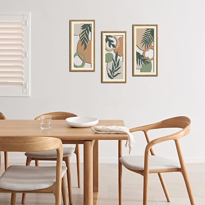 IARTTOP Sage Green Wall Art Framed Set of 3 Green Abstract Wood Wall Decor Boho Plant Neutral Wall Art Geometric Aesthetic Botanical Artwork for Living Room Bedroom Office 7.9 x15.8 Inch