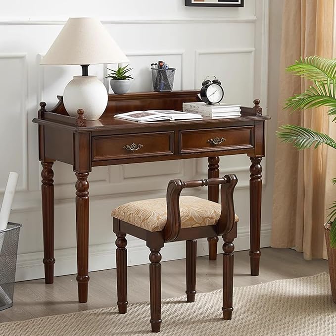 Mid-Century Home Office Desk with 2 Drawers, Storage Vanity Dressing Table with Stool, Solid Wood Wide Writing Study Desk, Computer Desks for Bedroom Living Room(Khaki)