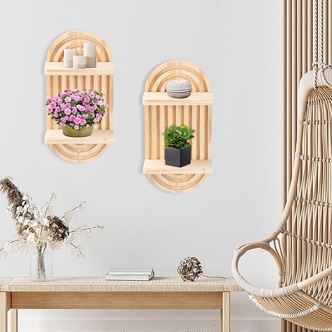 Qivine 2Pcs Boho Shelves for Wall, 2 Tier Rainbow Arch Wooden Floating Shleves, Boho Mid Century Shelf with Arched Wood Design Wall Mounted for Living Room, Bedroom, Bathroom Decor (Beige, 2-Tier)