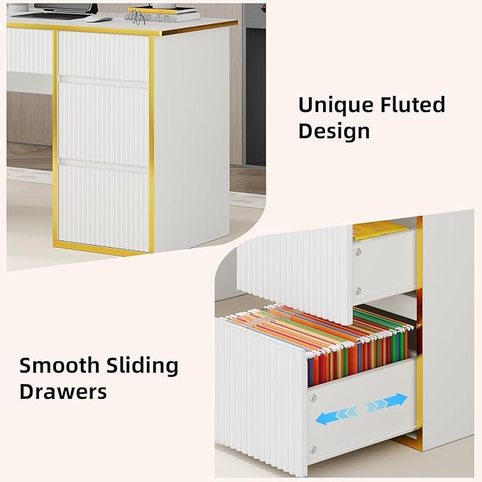 4 EVER WINNER White Desk with Drawers, 47'' Computer Desk with 4 Drawers for Small Spaces, Small Office Desk with File Drawer for Study Room, Bedroom, White and Gold Desk
