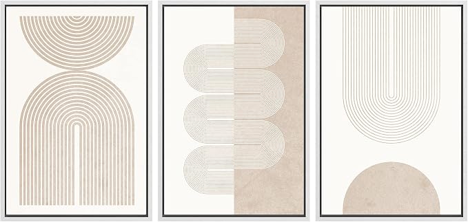 SIGNWIN Framed Canvas Print Wall Art Set Geometric Duotone Tan Spiral Waves Shapes Abstract Illustrations Modern Art Decorative Nordic Calm/Zen for Living Room, Bedroom, Office - 24"x36"x3 White