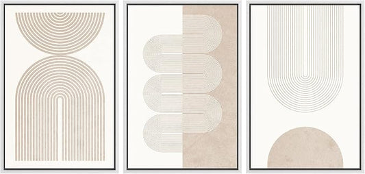 SIGNWIN Framed Canvas Print Wall Art Set Geometric Duotone Tan Spiral Waves Shapes Abstract Illustrations Modern Art Decorative Nordic Calm/Zen for Living Room, Bedroom, Office - 24"x36"x3 White