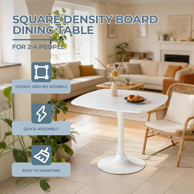 31.5" White Square Dining Table, Mid Century Tulip Table for 2-4 People,Kitchen Dining Table with MDF Tabletop and Pedestal Base