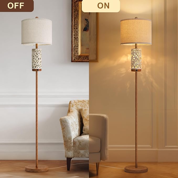 OYEARS 65" Floor Lamp with Night Light,Farmhouse Floor Lampfor Bedroom,Tall Floor Lamp for Living Room,Vintage Standing Lamp with Linen Shade,Boho Reading Lamp for Home Decor (Brown,Bulbs Included)