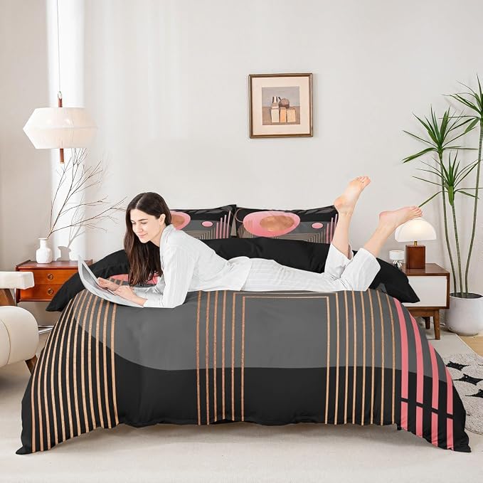 Erosebridal Pink and Black Abstract Boho Duvet Cover Full Size Mid Century Modern Comforter Cover Minimalist Aesthetic Neutral Bedding Set Botanical Leaves Simple Bed Set