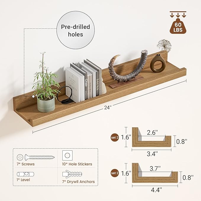 Heimlove Picture Ledge Shelf,24 inch Long Floating Shelves for Wall Set of 4,Picture Shelf with Lip for Wall Decor,Living Room,Bedroom,Bookshelf,Nursery,Perfume,Oak Color