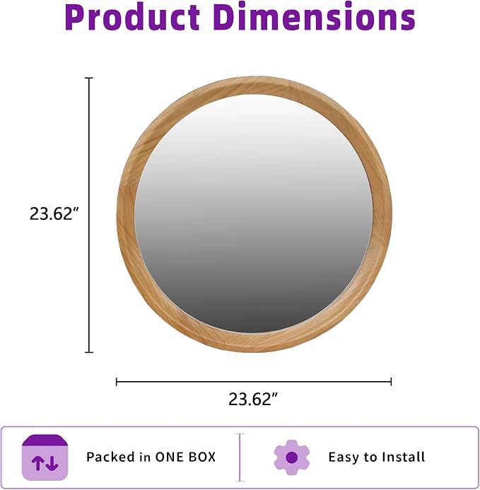 23.62'' Natural Wood Round Wall Mirror with Solid Wood Frame & Pre-Installed Hanging, Decorative Mirror with Large Reflective Surface for Bathroom Bedroom Living Room, Natural