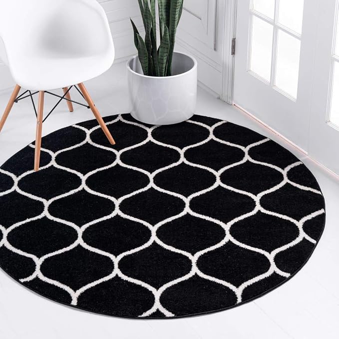 Unique Loom Trellis Frieze Collection Area Rug - Rounded (4' 1" Round, Black/ Ivory)
